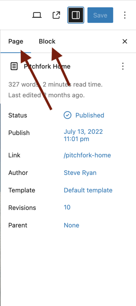 A screenshot of WordPress settings sidebar highlighting the page and block tabs.